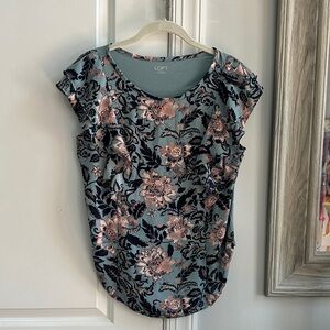 LOFT Floral Ruffle Sleeve Blouse - Blue and Pink